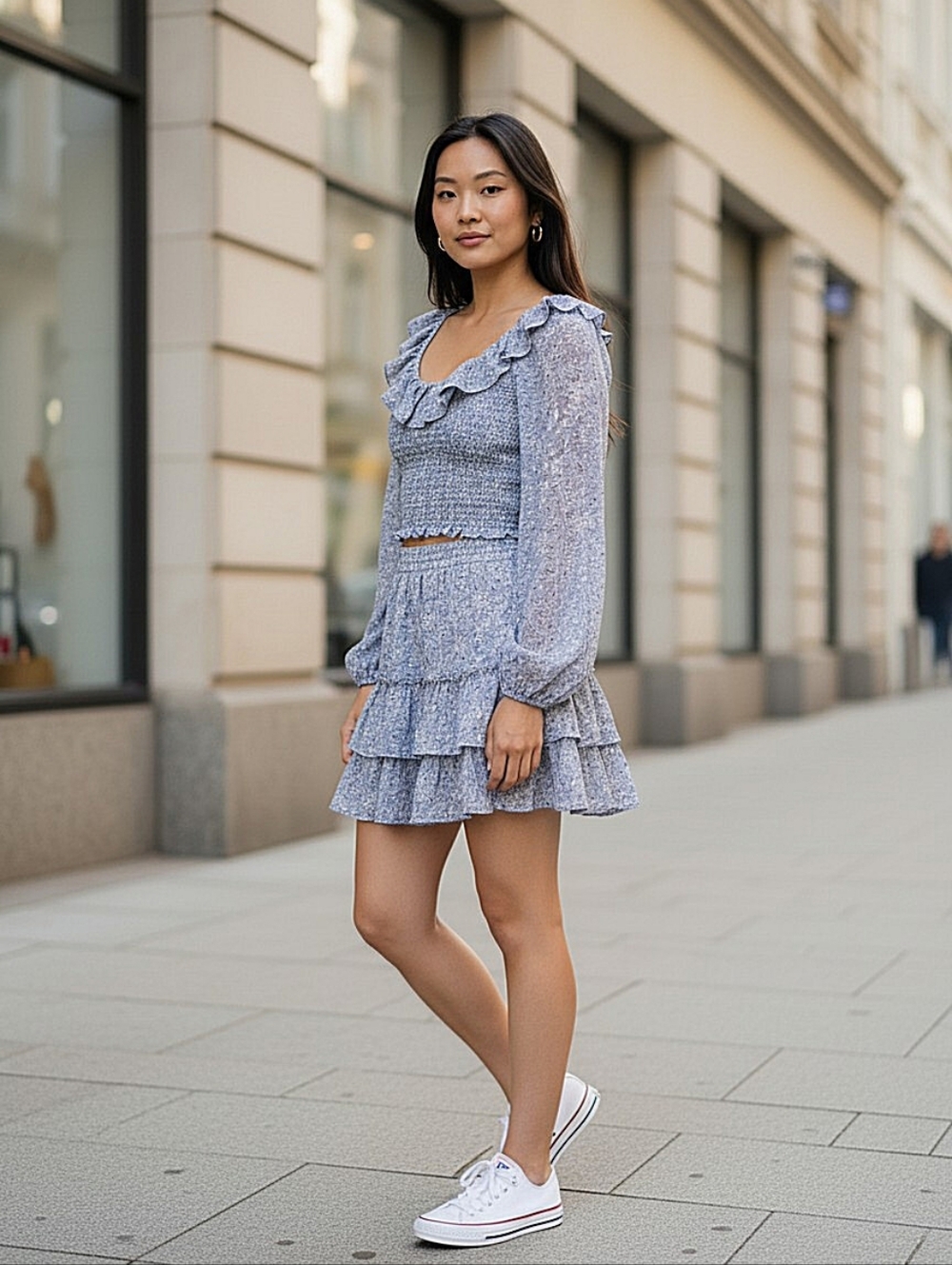 NWOT ILLA ILLA Anthropologie Two Piece Gray Ditsy Floral Ruffle Skirt Set Small